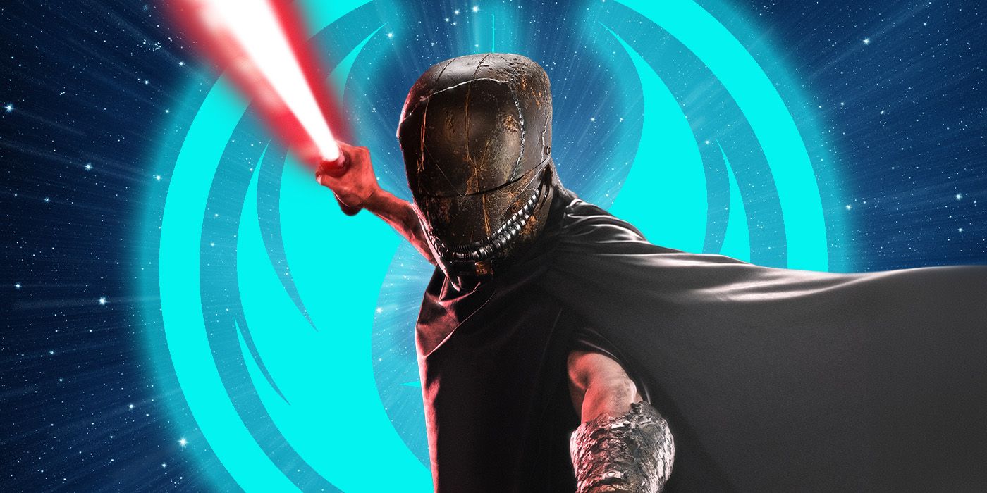 The Stranger holding his light saber and attacking with a blue logo in the back for The Acolyte