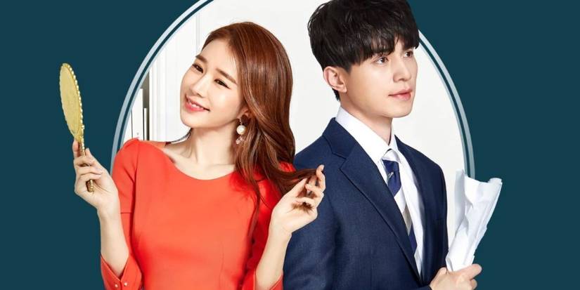 Yoo In-na holding a mirror and smiling with Lee Dong-wook crumpling up a piece of paper in Touch Your Heart.