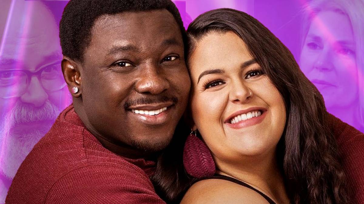 A couple embrace and smile with images of others behind them for 90 Day Fiancé, Happily Ever After?