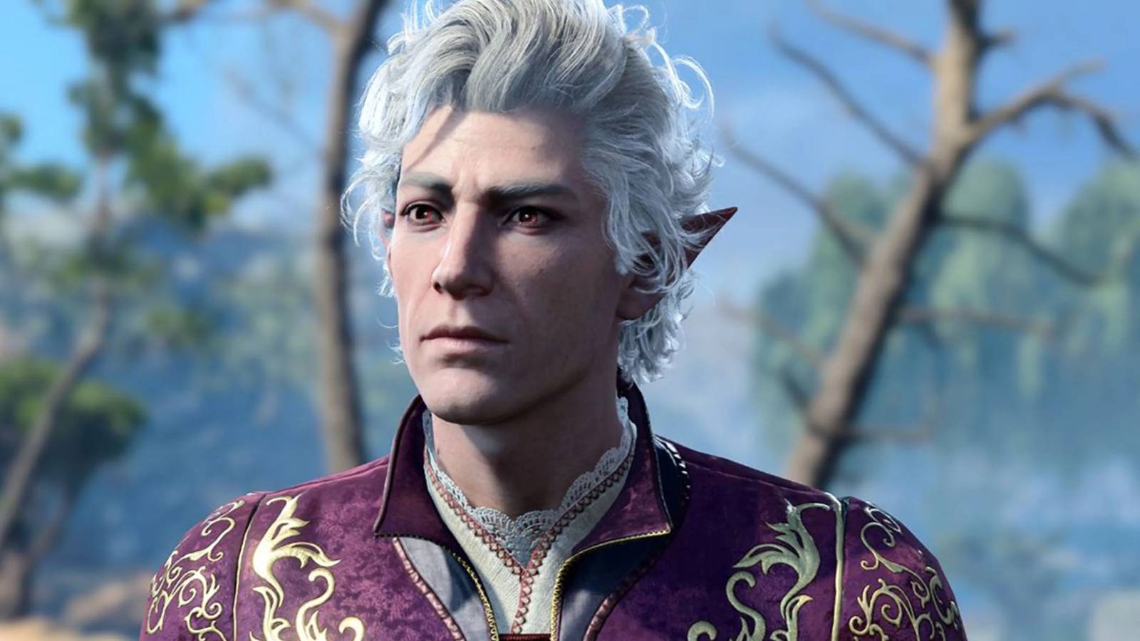 Astarion from 'Baldur's Gate 3' in a purple coat, in front of trees