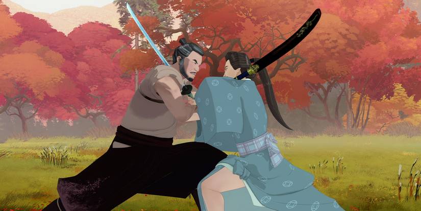 Byron Mann as Mikio and Maya Erskine as Mizu dueling in Blue Eye Samurai Season 1 on Netflix.