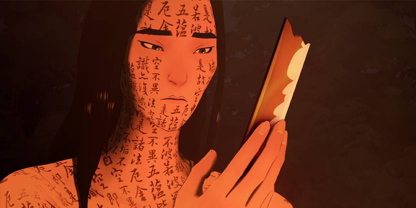 Mizu covered in ink writings holding up a broken blade