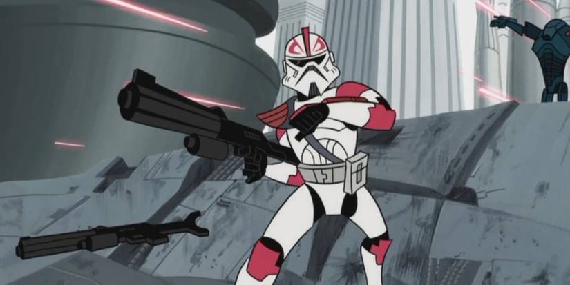 Captain Fordo holding a gun under fire from droids in Star Wars: Clone Wars (2003)