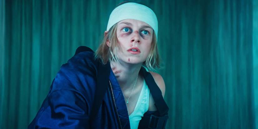 Gretchen wearing a bandage, with several bruises on her face, looking concerned in Cuckoo.