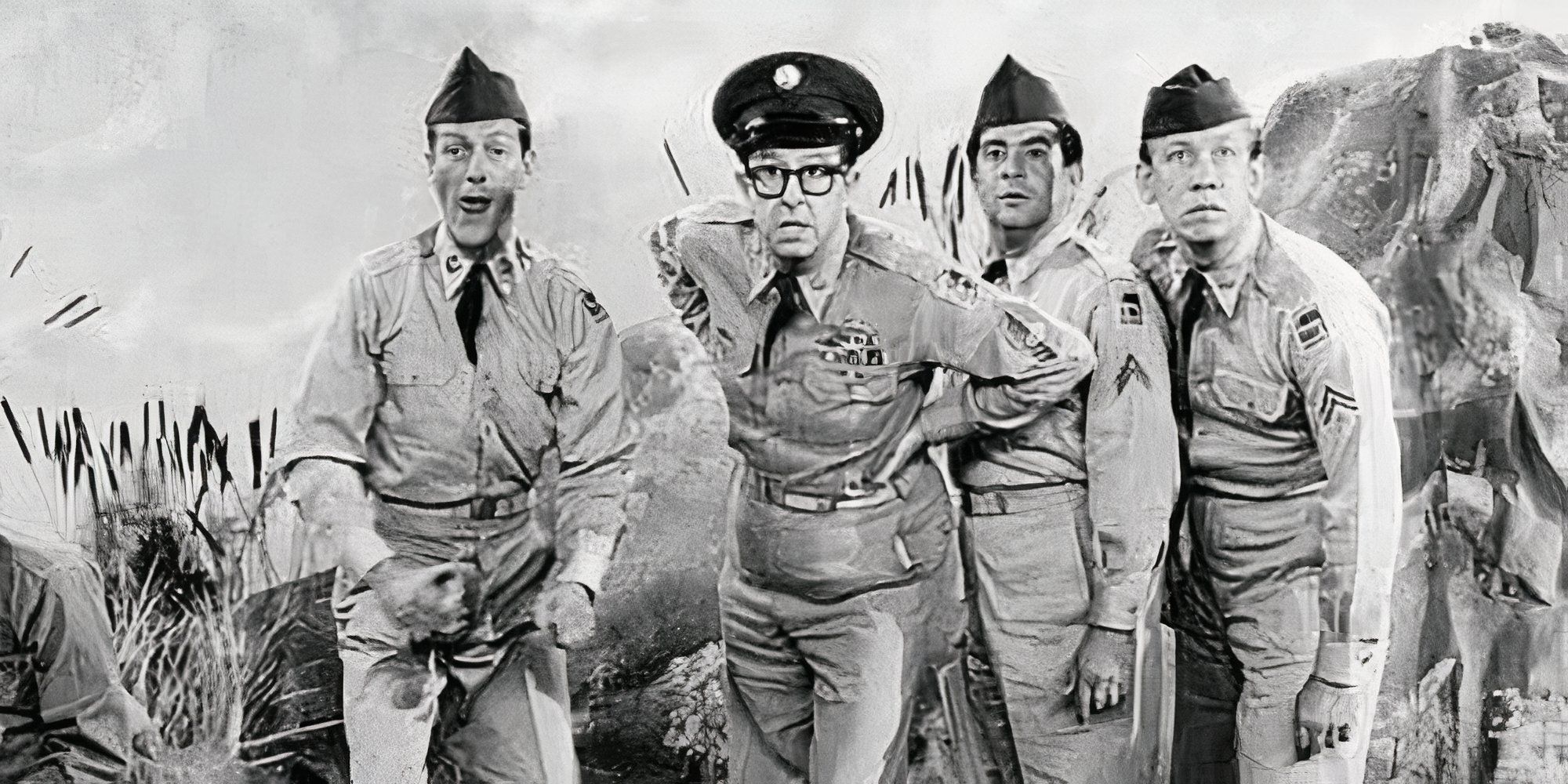 Dick Van Dyke, Phil Silvers, Harvey Lembeck and Allan Melvin standing together in The Phil Silvers Show