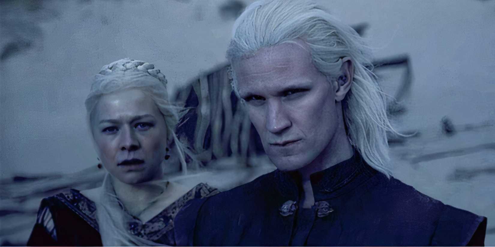 Emma D'Arcy standing behind Matt Smith at night on a shore in House of the Dragon