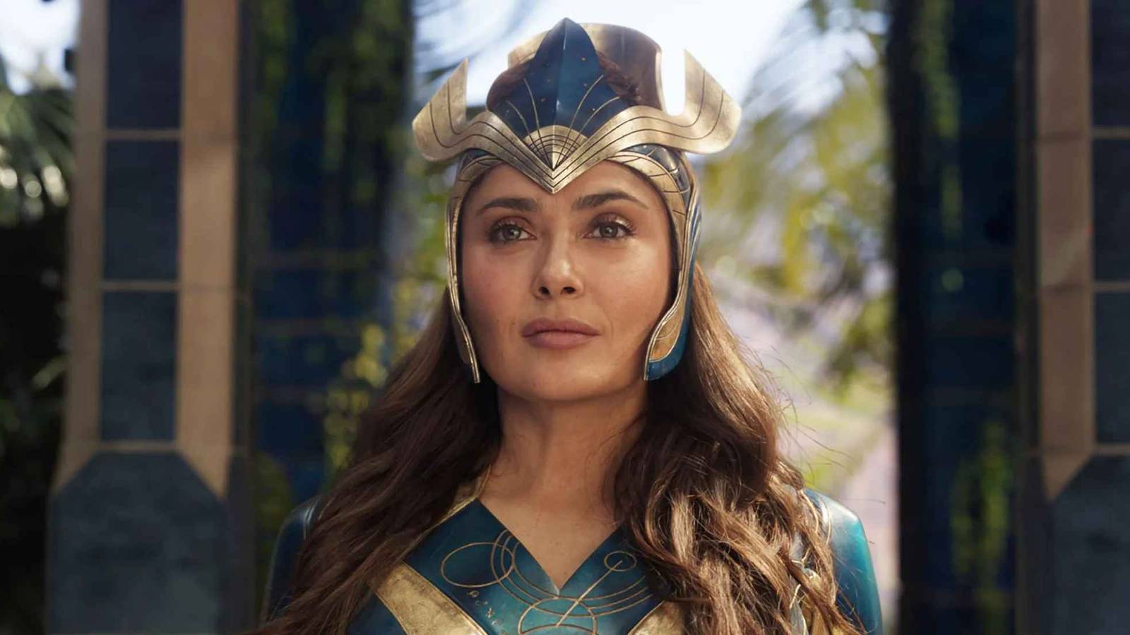 Salma Hayek as Ajak, looking straight ahead regally, in 'Eternals'