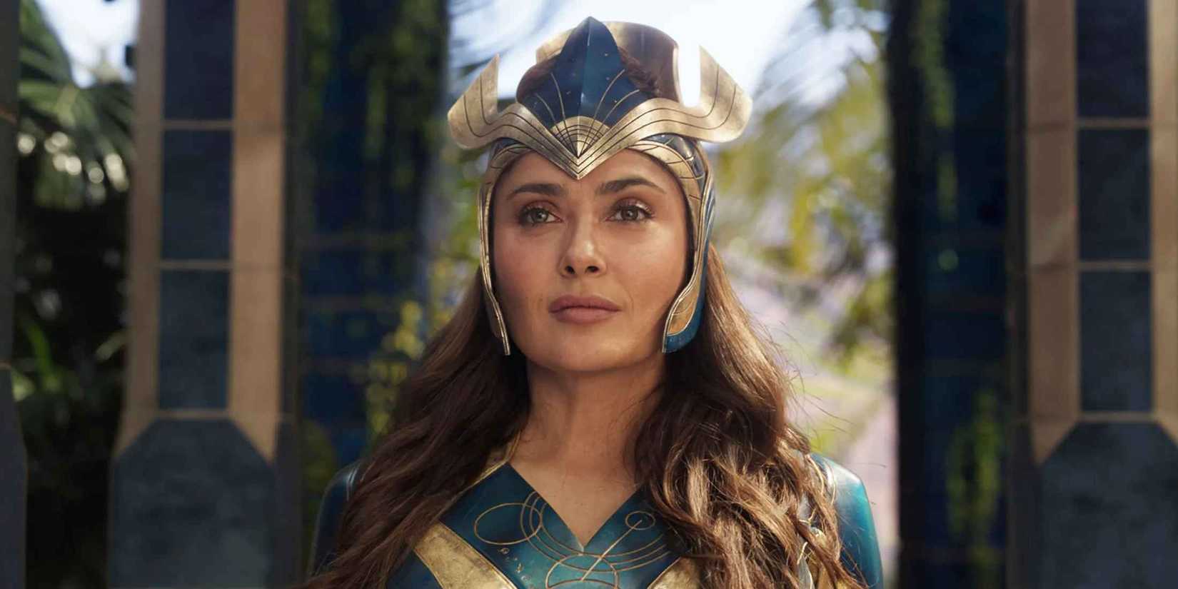 Salma Hayek as Ajak, looking straight ahead regally, in 'Eternals'