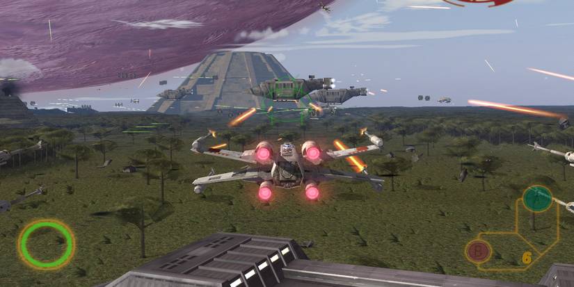 X-Wing flying through Yavin 4 in gameplay of 'Star Wars Rogue Squadron II - Rogue Leader'