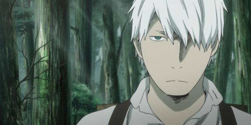 Ginko staring blankly straight ahead of him in Mushi-shi.