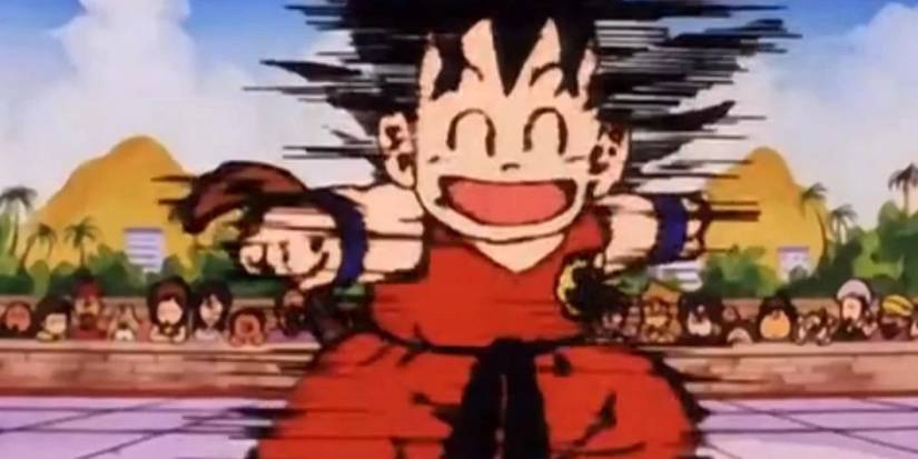 Goku looks blurred by movement using the Afterimage technique at a tournament in Dragon Ball.