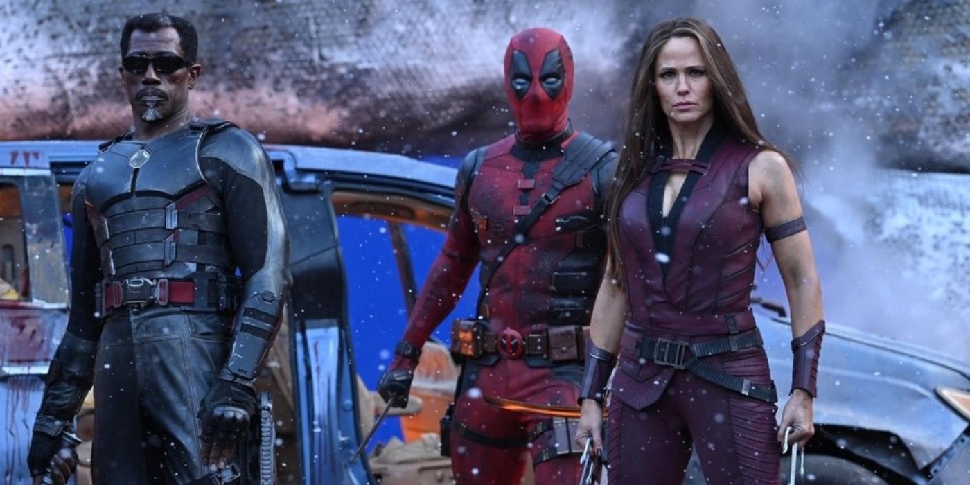 Wesley Snipes as Blade, Ryan Reynolds as Deadpool, and Jennifer Garner as Elektra ready for action with a dilapidated car behind them in Deadpool & Wolverine.