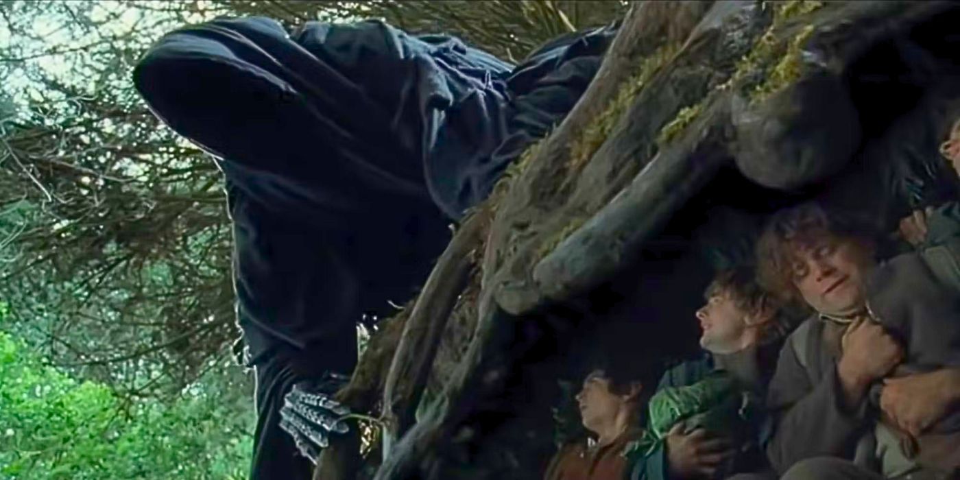 A still from &lsquo;The Fellowship of the Ring&rsquo; of the four hobbits hiding from a Ring Wraith.