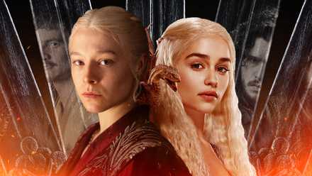 Emilia Clarke como Daenerys y Emma D'Arcy como Rhaenyra junto a retratos de Oberyn, Jon, Robert y Otto.