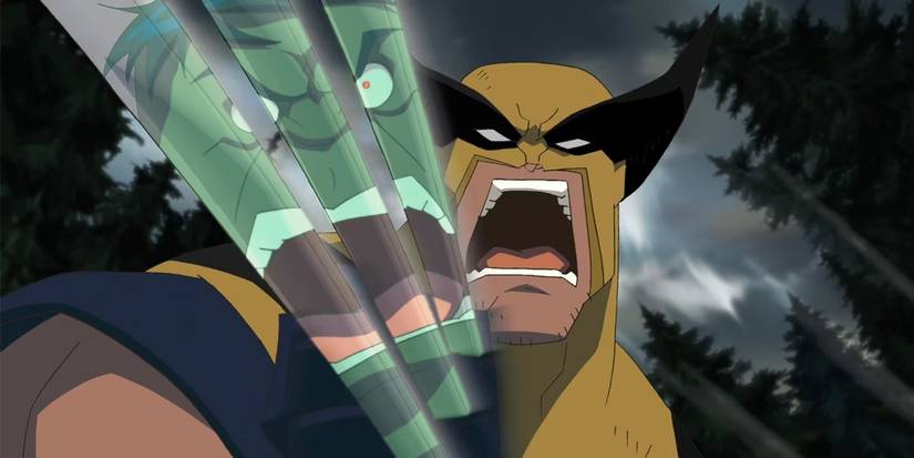 Wolverine roaring while the Hulk is reflected on his claws in Wolverine and the X-Men.