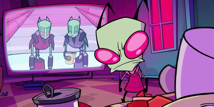 Zim looking back angrily at Gir as he sits on the couch looking at a television screen with both of the Almighty Tallest on it in 'Invader Zim: Enter the Florpus'