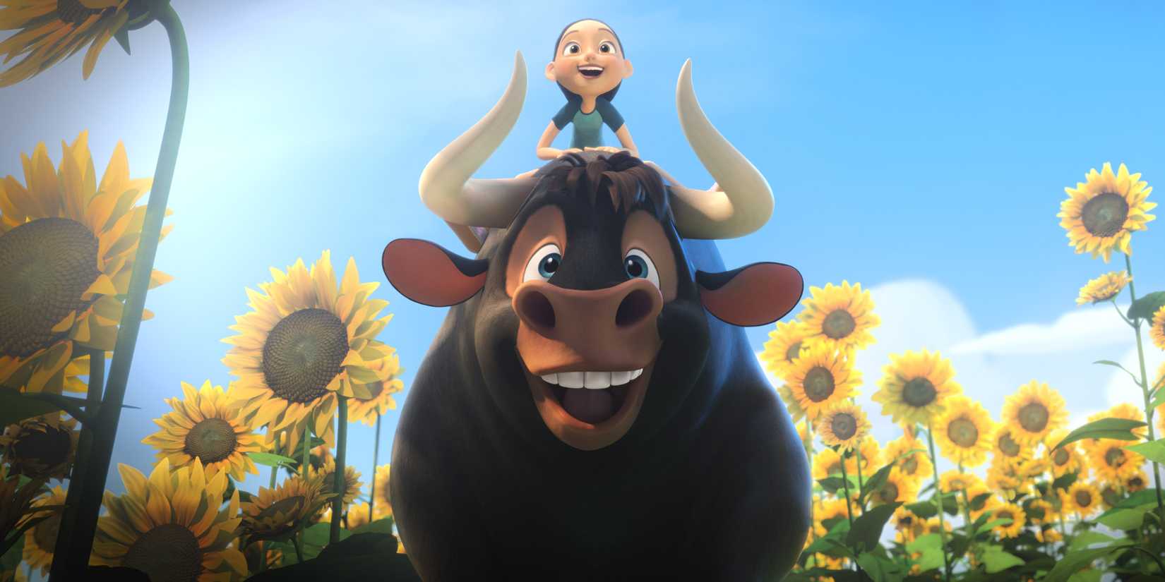 John Cena and Lily Day walk through a field of sunflowers in Ferdinand (2017)