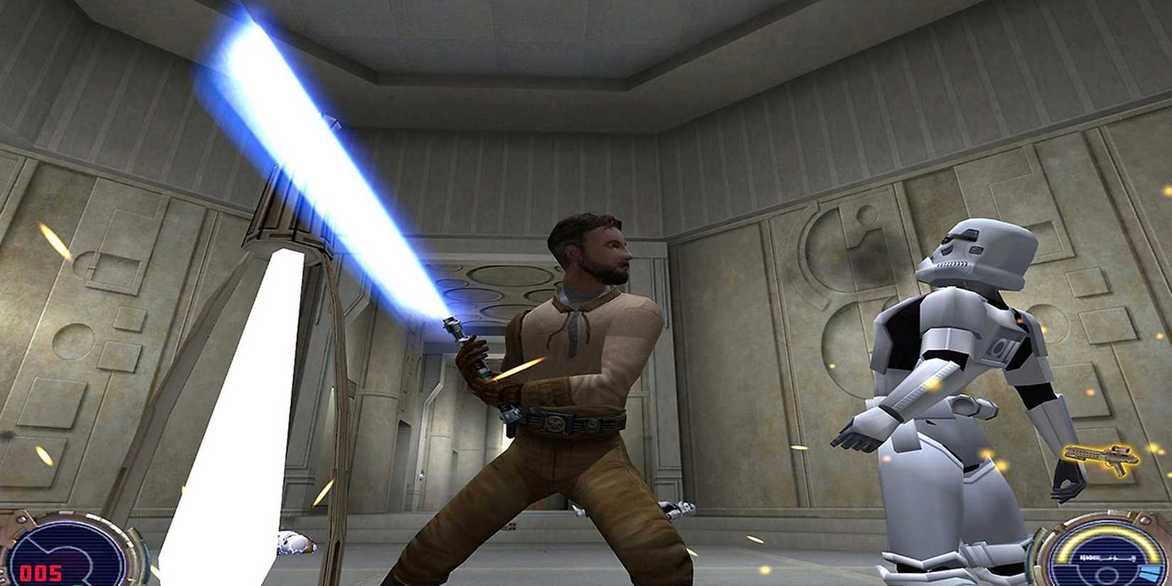 Kyle Katarn killing a stormtrooper by swinging his blue lightsaber in 'Star Wars Jedi Knight II - Jedi Outcast'