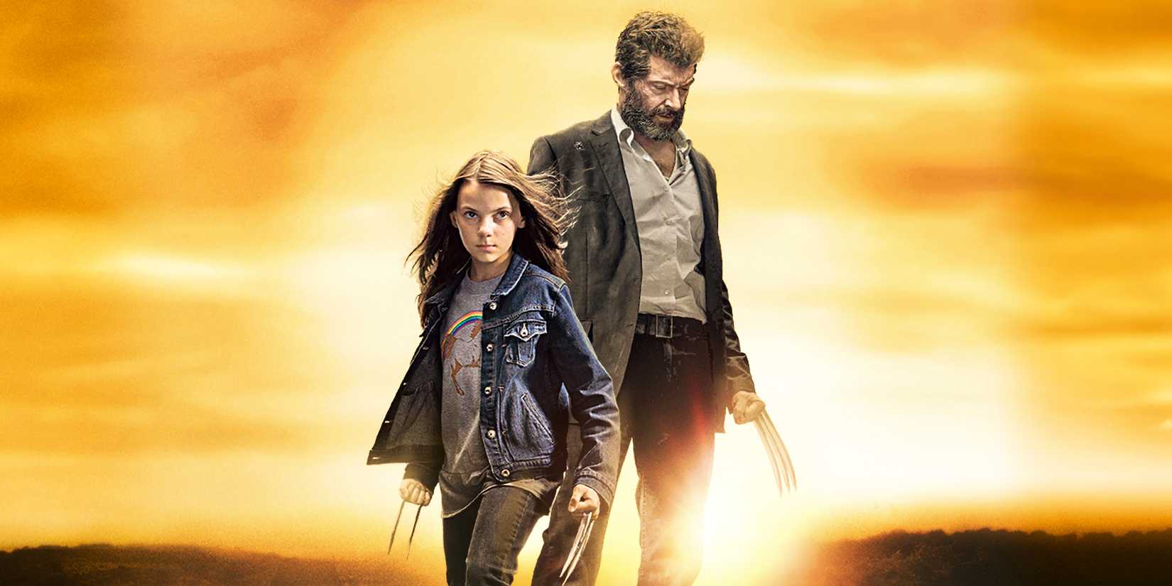 Hugh Jackman as Wolverine and Dafne Keen as X-23 stand with claws out and a sunset background in Logan.