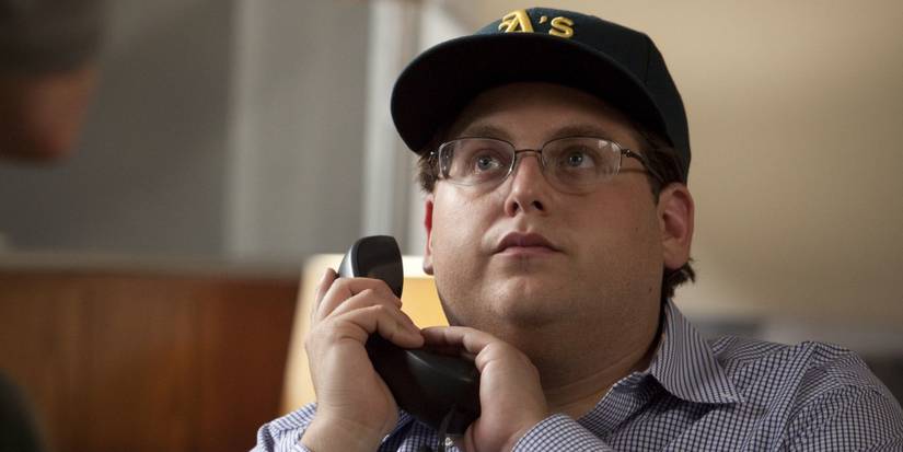 Jonah Hill as Peter Brand on the phone in Moneyball