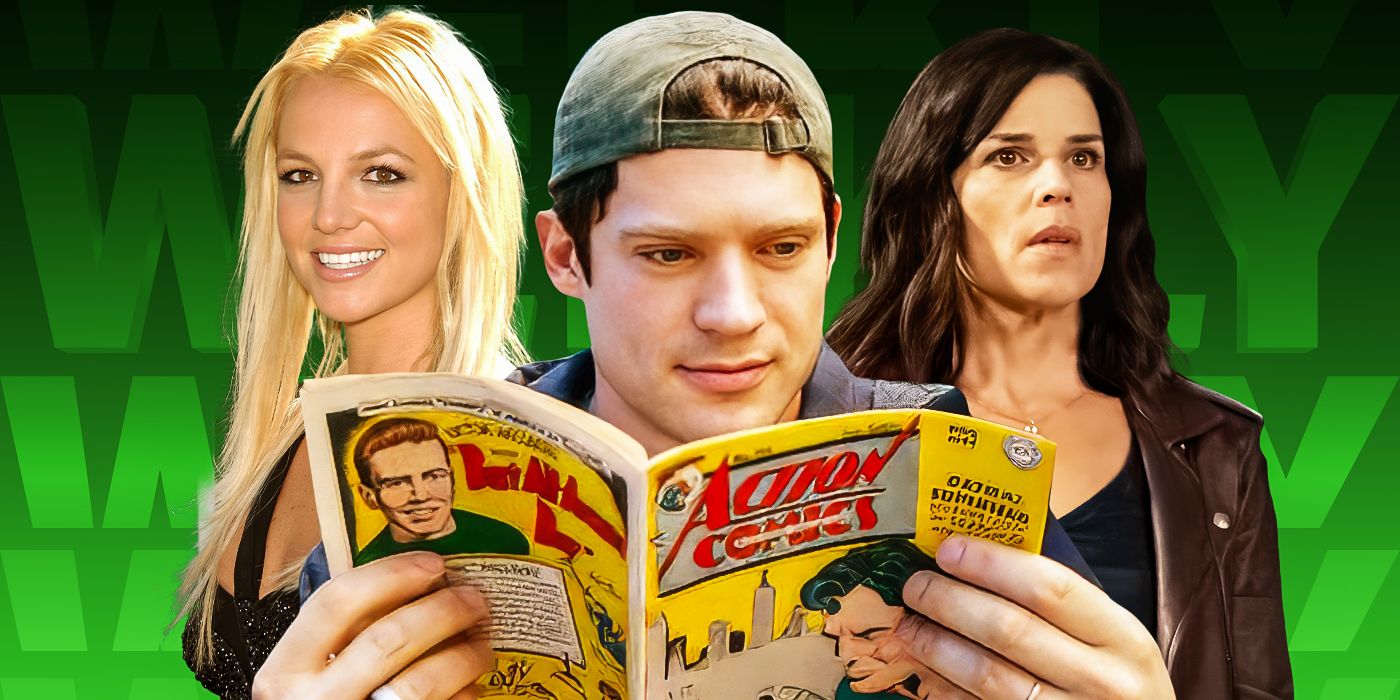 Britney Spears, David Corenswet reading a Superman comic, and Neve Campbell, in front of a green background.