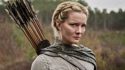Morfydd Clark as Galadriel with a quiver of arrows in The Lord of the Rings: The Rings of Power Season 2