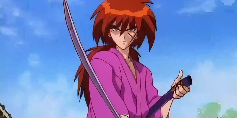 Karakter dari Rurouni Kenshin memegang pedang panjang dengan bekas luka di wajah mereka.