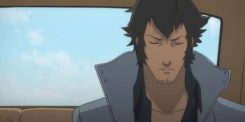 Saiga sitting in the car with his eyes closed in Speed Grapher