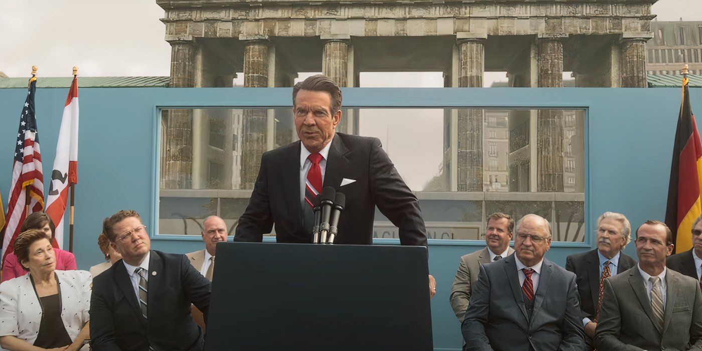 Ronald Reagan (Dennis Quaid) speaking at the Berlin Wall in 'Reagan'