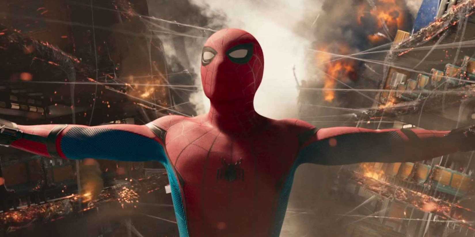 Spider-Man holding the Staten Island Ferry together with his arms and webs, as it's split apart and on fire.