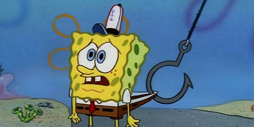 SpongeBob with a scared and concerned look on his face as his clothes have been hooked by a giant hook from a fishing pole in the SpongeBob SquarePants episode 'Hooky' 
