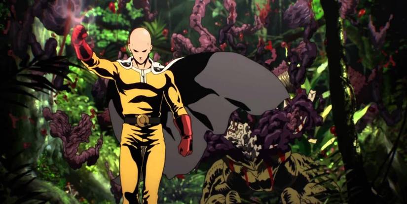 Saitama with his fist held high after punching a monster into pieces in One Punch Man.