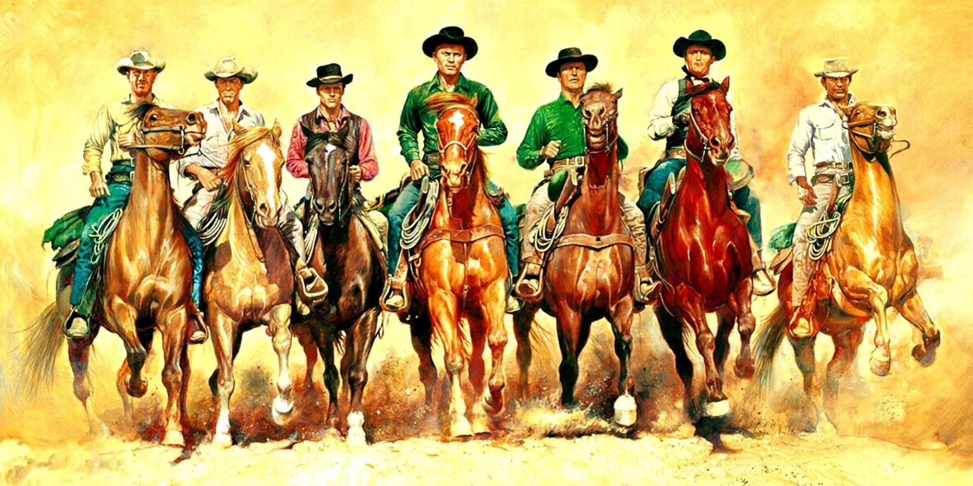 The seven main characters of The Magnificent Seven, on horseback, on the illustrated poster for the movie.