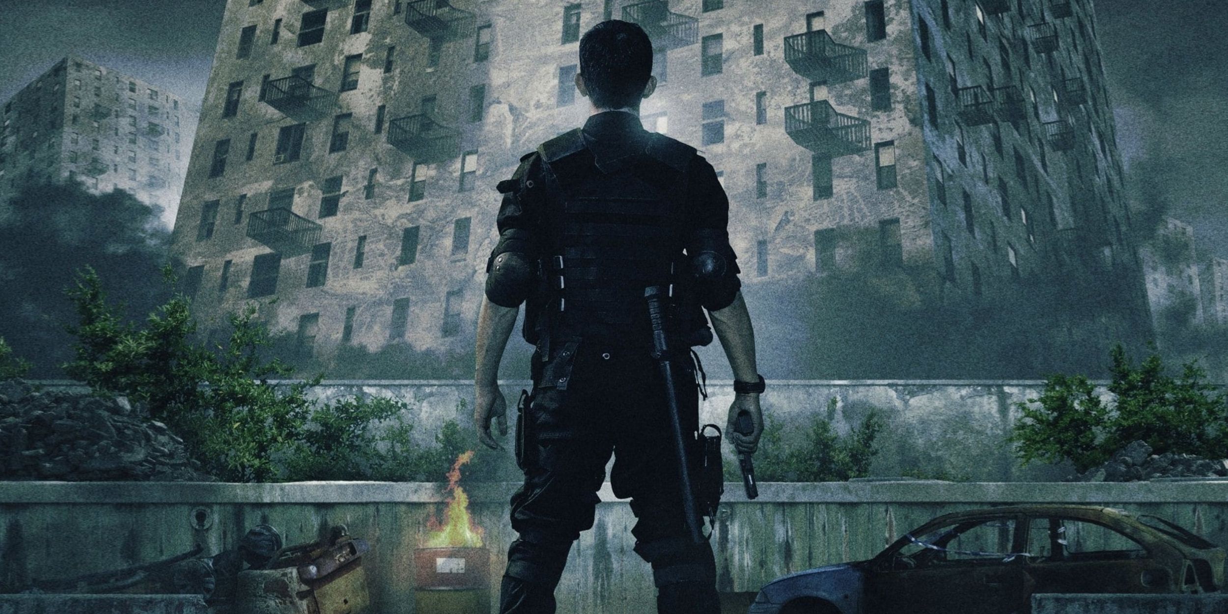 A man with his back to the camera facing a building in the poster for The Raid