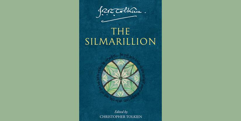 Blended image showing the cover of The Silmarillion against a mint green background
