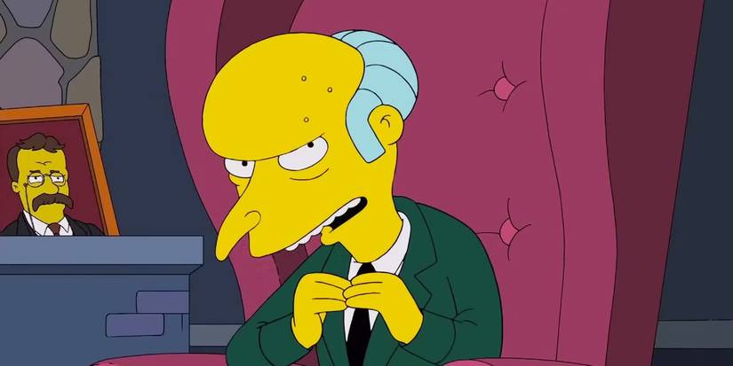 Mr. Burns sits in his office and holds his fingers together, looking maniacal in The Simpsons.
