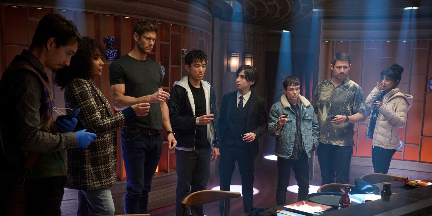 The cast of The Umbrella Academy Season 4 about to toast and take shots
