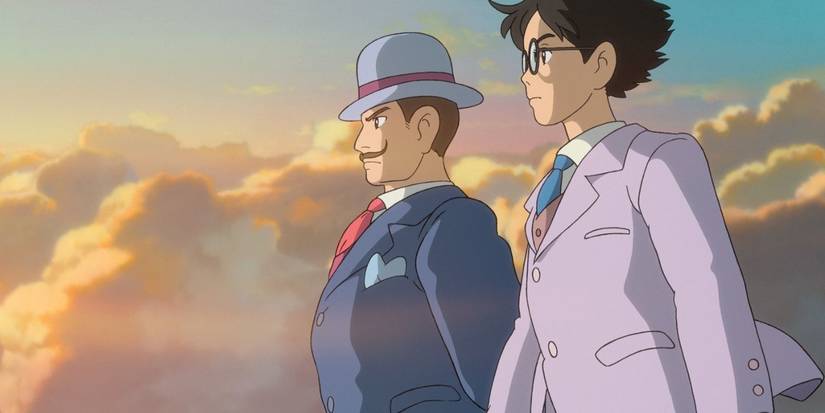 Kiro (left) and Jiro (right) looking ahead with a cloudy sky behind in 'The Wind Rises'.