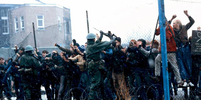 Soldiers holding off a riot in Threads