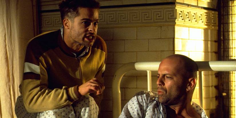 Bruce Willis as James Cole and Brad Pitt as Jeffrey Goines in a hospital in 12 Monkeys