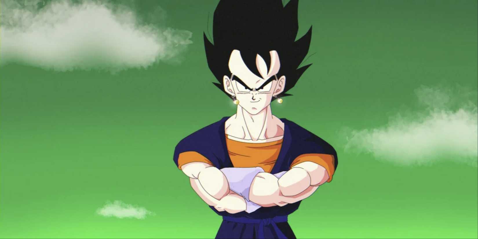 Vegito staring angrily with his arms crossed in Dragon Ball Z