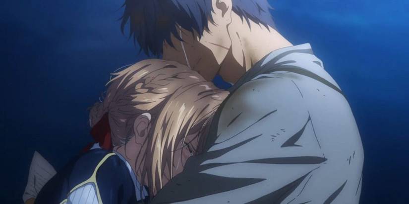 Violet crying as she embraces Gilbert, Violet Evergarden