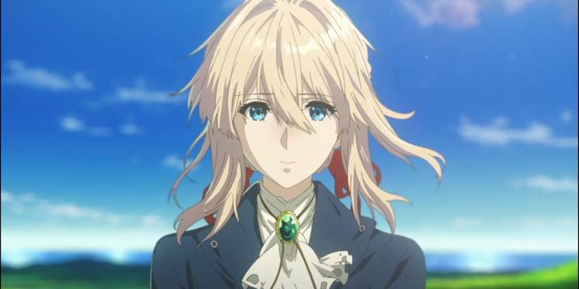 Violet staring straight ahead, with a blue sky backdrop, Violet Evergarden