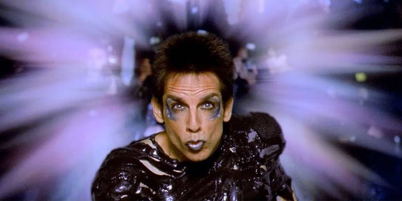 Ben Stiller as Derek Zoolander doing his famous pose while purple lights shine in the background in the film Zoolander