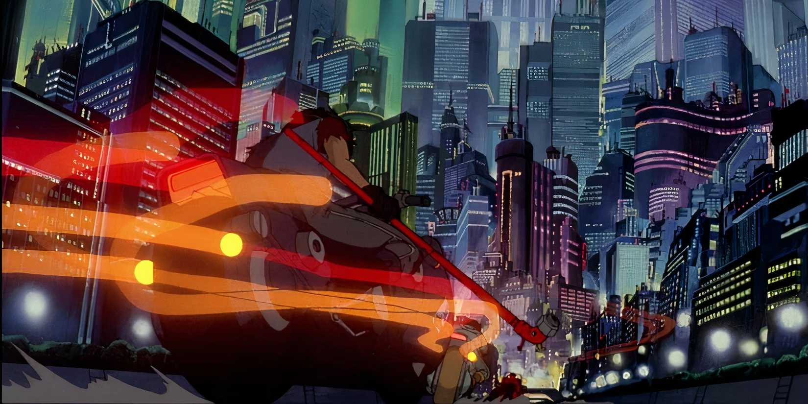 A character on a motorcycle cruises through a futuristic city in the movie Akira.