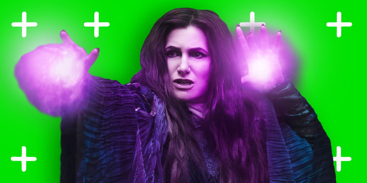 Kathryn Hahn as Agatha Harkness against a green screen