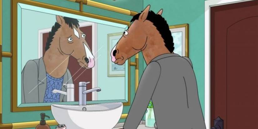 BoJack Horseman looks at himself in the mirror over a bathroom sink.