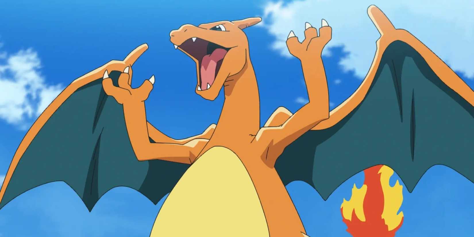 A Charizard holding both of his hands up in a gloating, victory stance in the Pokémon anime series. 