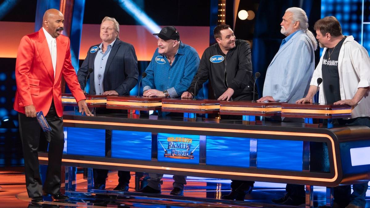 Steve Harvey with the Captains of 'Deadliest Catch' on 'Celebrity Family Feud.'