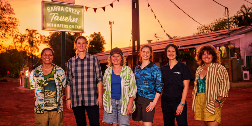 From left: Madeleine Sami, Kate Box, Kate McLennan, Kate McCartney, Nina Oyama and Alicia Gardiner in Deadloch BTS